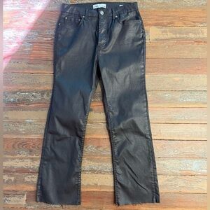 Zara The Dreed Flare Waxed Chocolate Brown Cropped Leg Raw Hem Jeans Sz 6 💚🍄